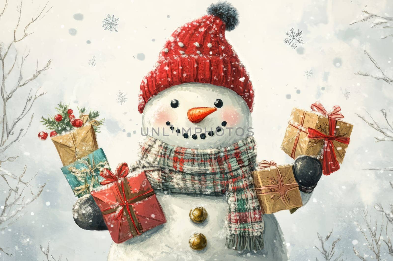 Snowman in a red knitted hat with gifts on snow