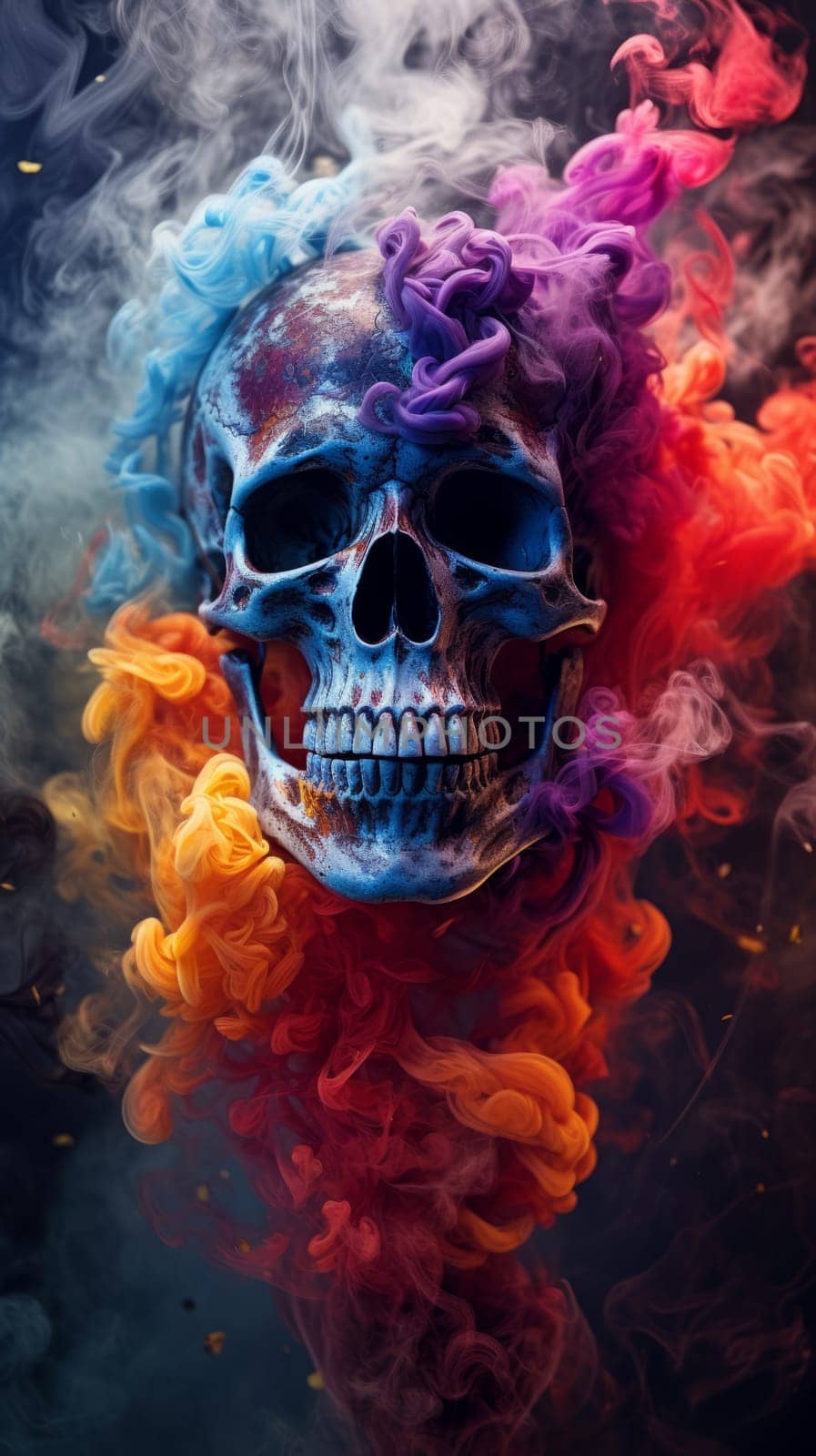 A vibrant skull surrounded by swirling colorful smoke.
