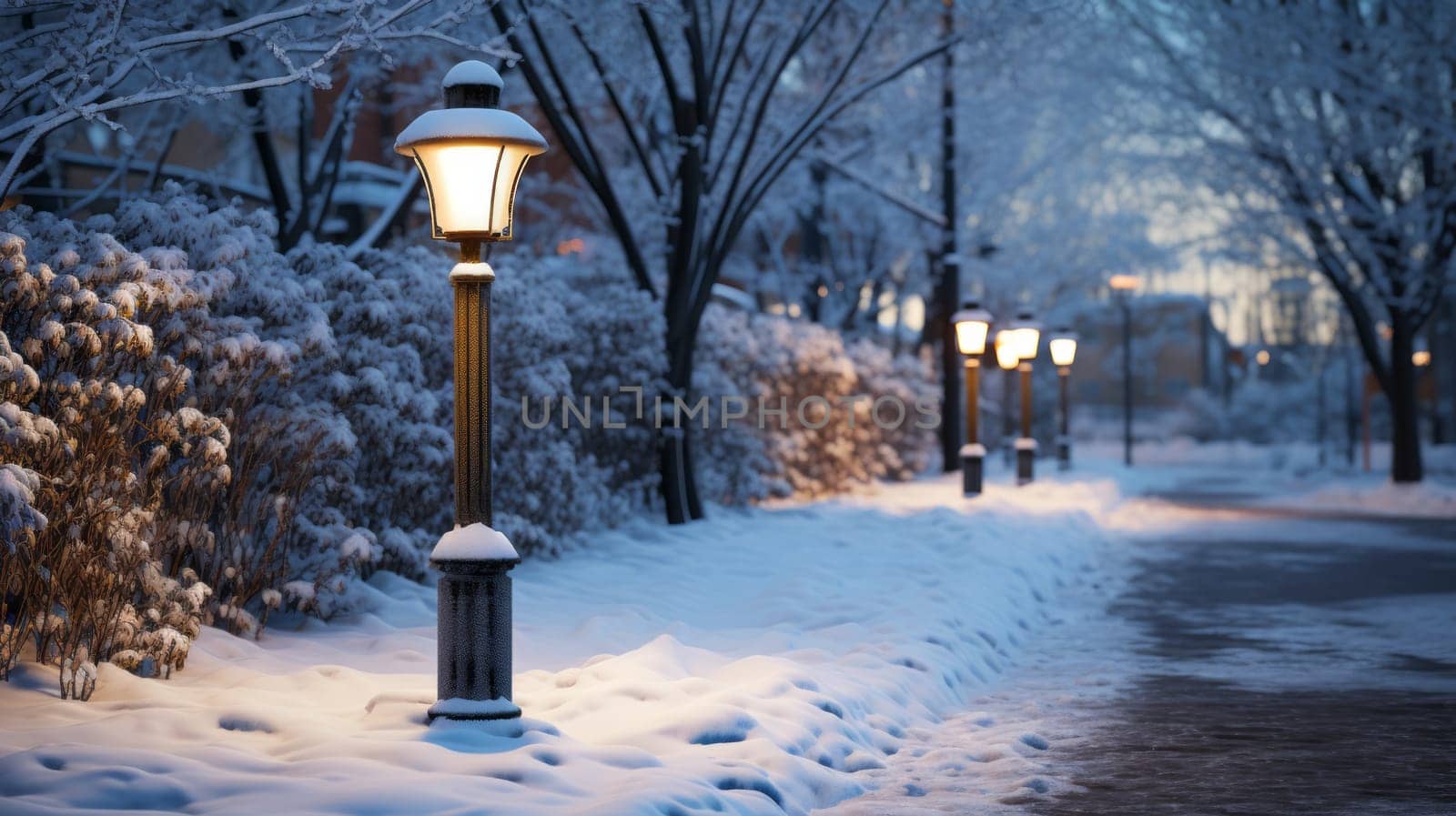A snow-covered street light surrounded by trees.