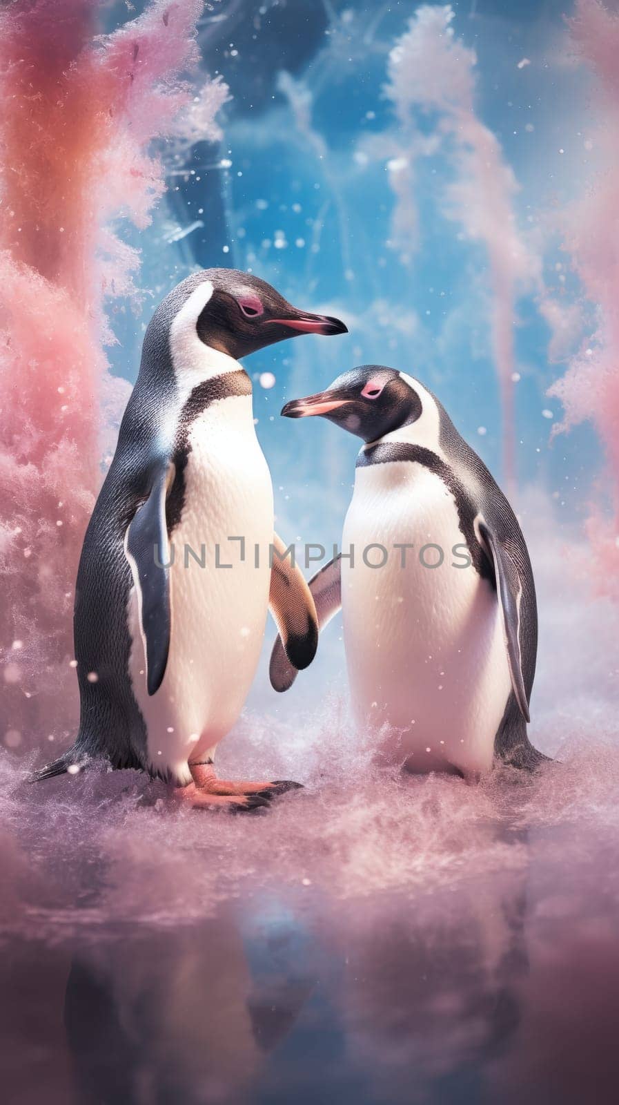 Two penguins standing together on abstract background.