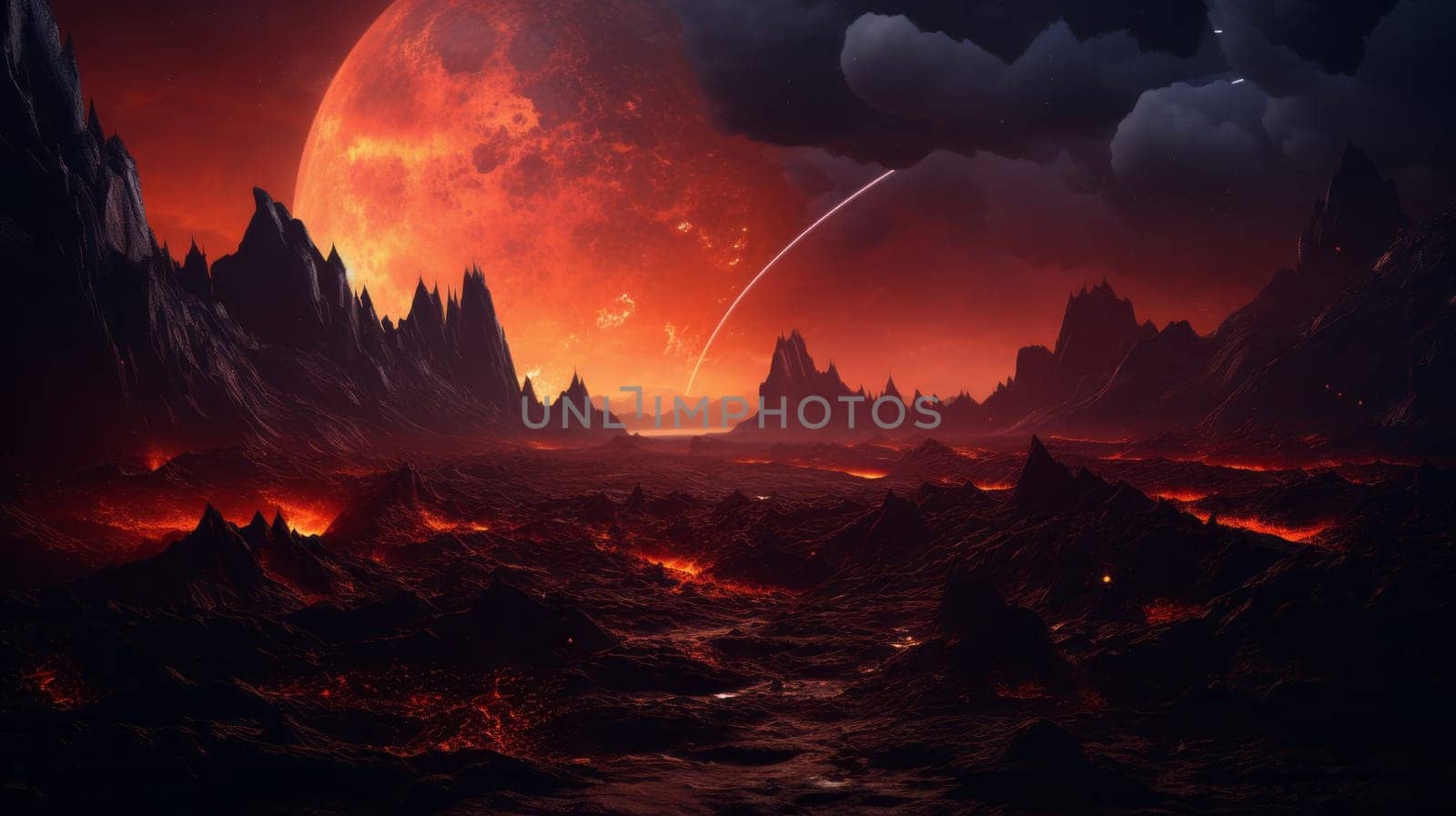 An otherworldly landscape with molten lava, towering rocks, and distant planets.