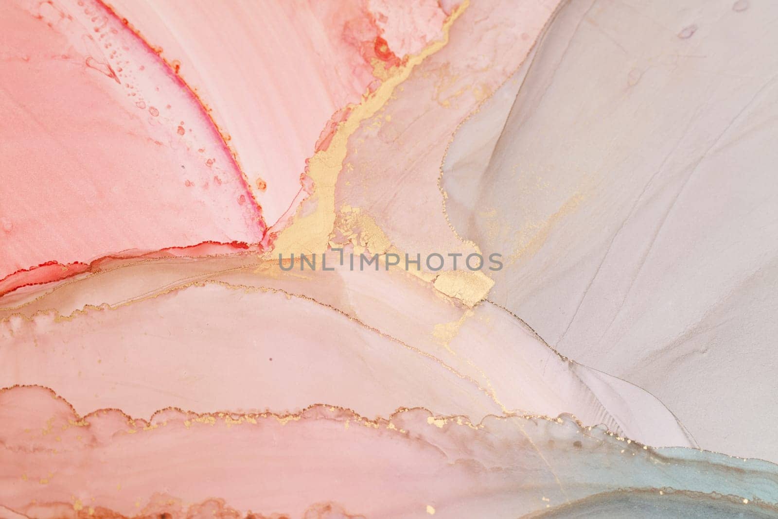 The artwork features a harmonious blend of pastel pinks, peachs, and blues, intertwined with shimmering gold lines, creating an elegant abstract expression.
