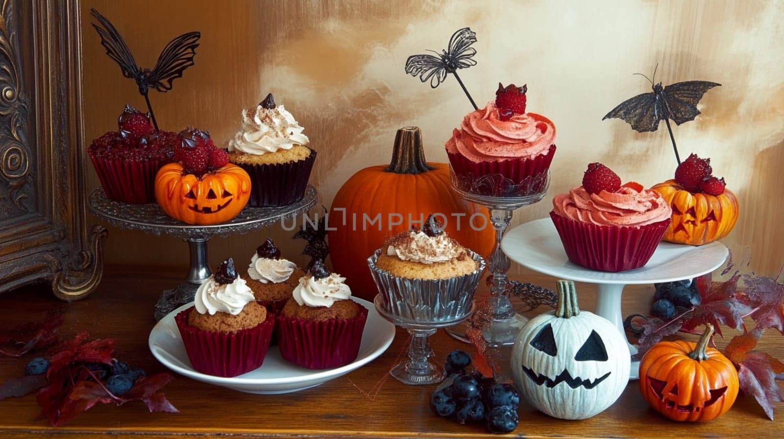 A table with Halloween themed desserts and decorations. The desserts include a cake with red frosting and blackberries, and a cupcake with red frosting and blackberries