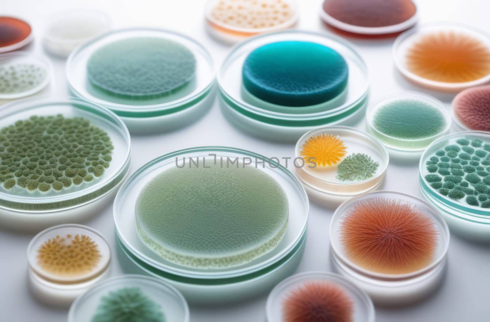 Different types of bacteria, molds and fungi in petri dishes
