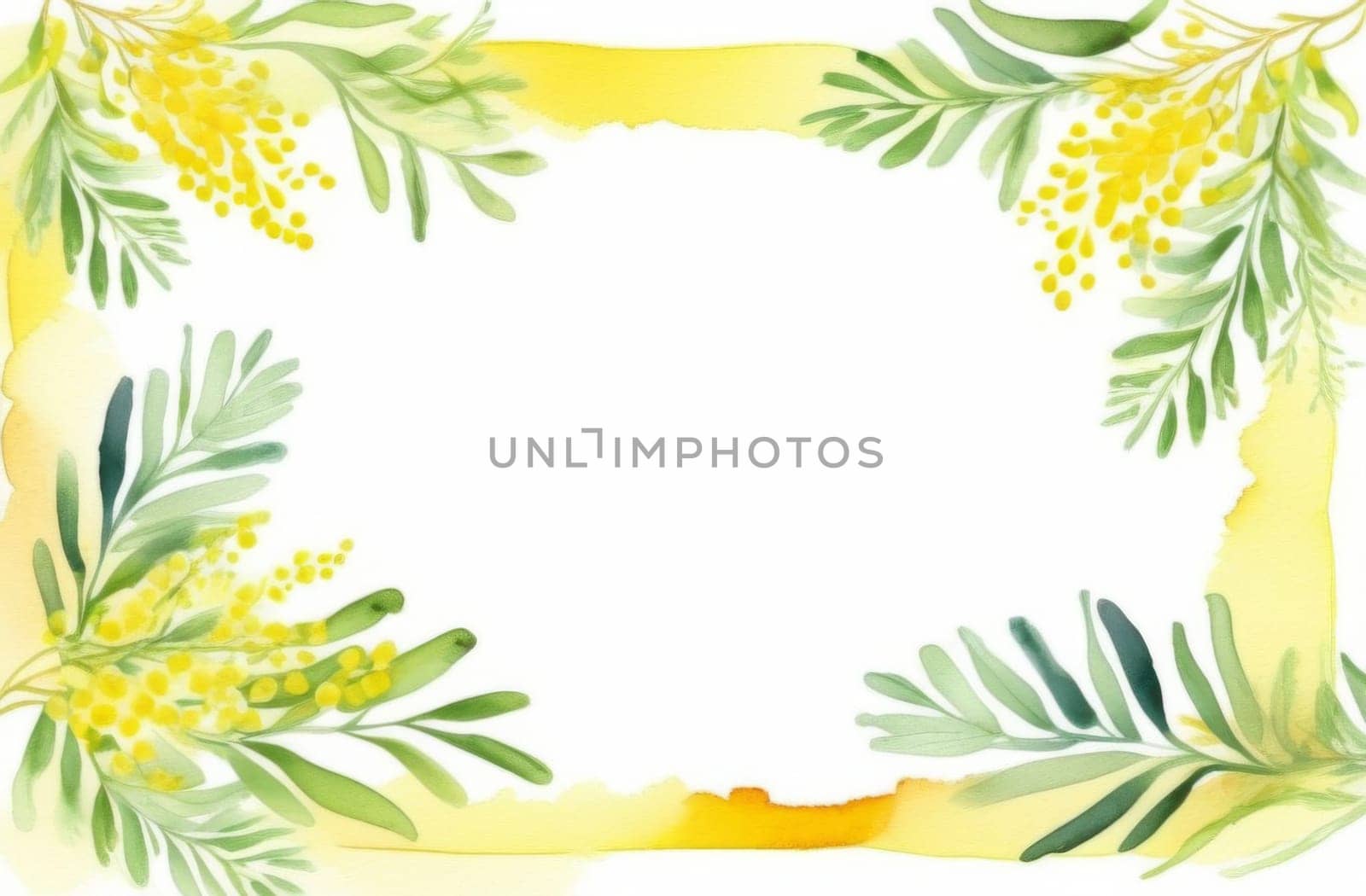 Watercolor spring mimosa on a white background Top view