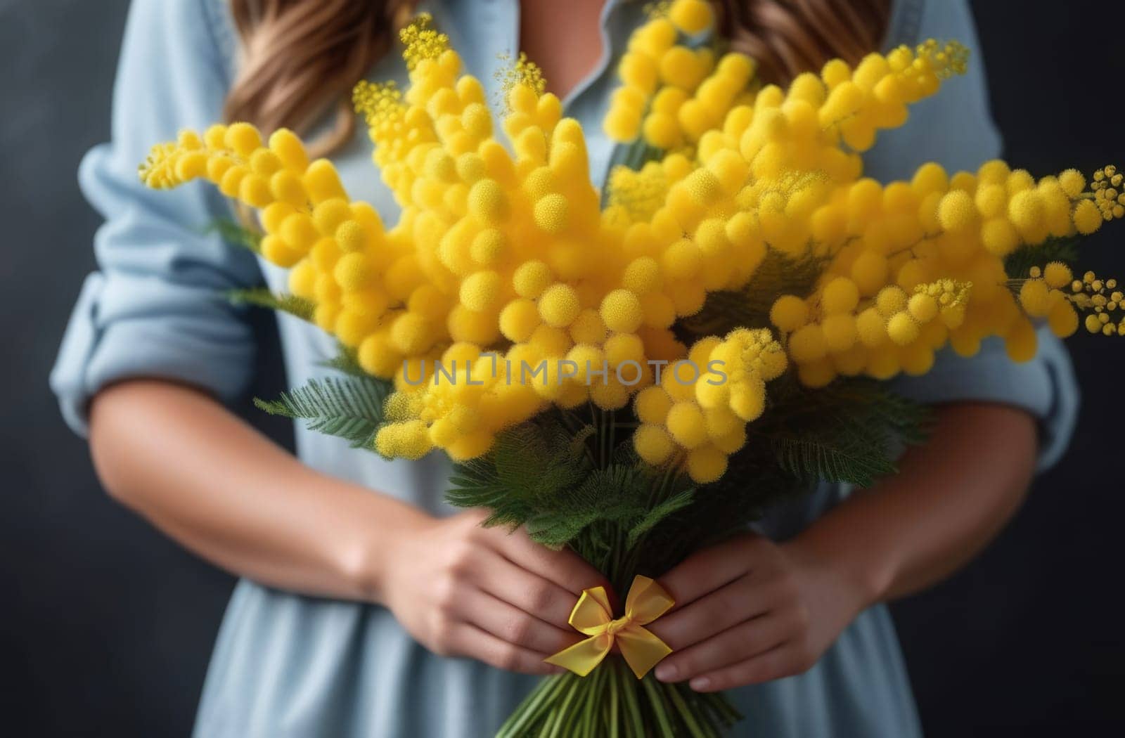 A woman in a blue dress holds a bouquet of mimosa in her hands