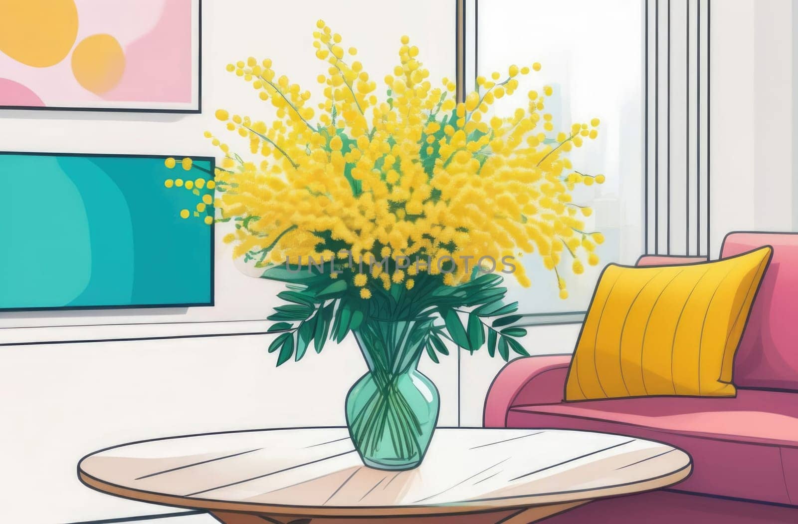 Bouquet of mimosa in a vase in an interior with a sofa
