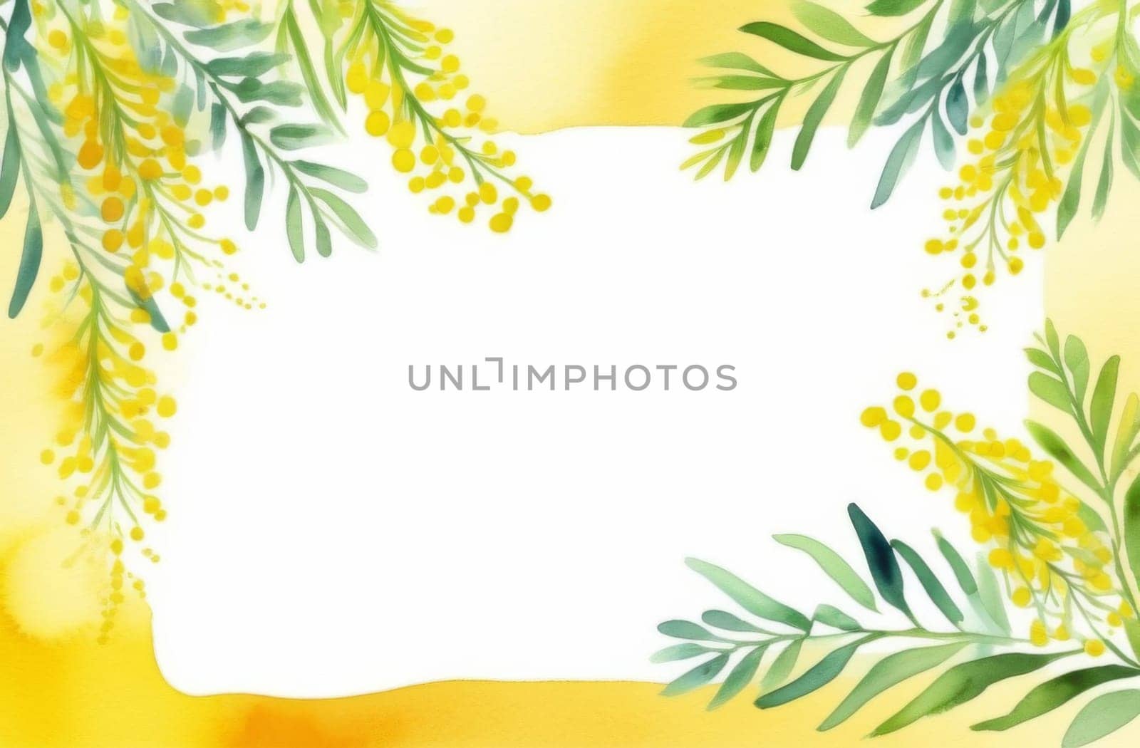 Watercolor spring mimosa on a white background Top view