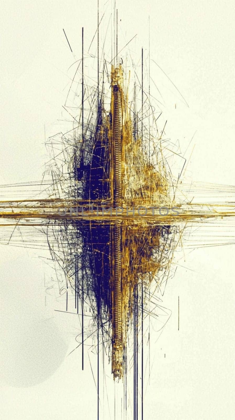 Abstract background with a textured feel, showing an imaginary cross formed by golden and blue brushstrokes and lines on a white background