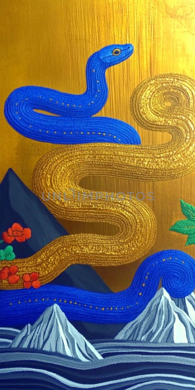 Abstract painting of a blue and gold snake slithering over mountains with a gold background, conveying a sense of power and mystique