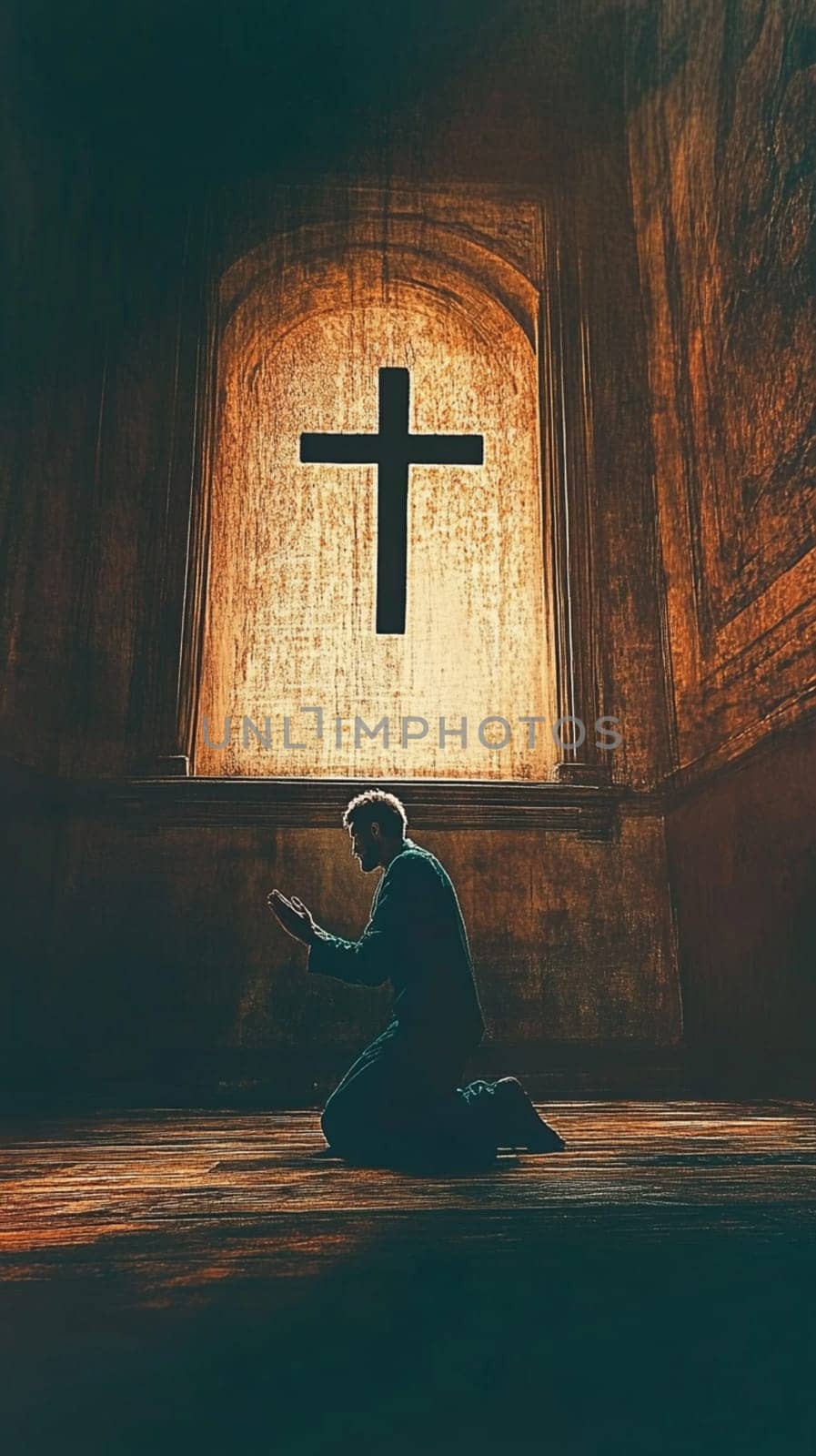 Man is silhouetted kneeling in prayer in an old church, bathed in golden light emanating from a large cross in a window