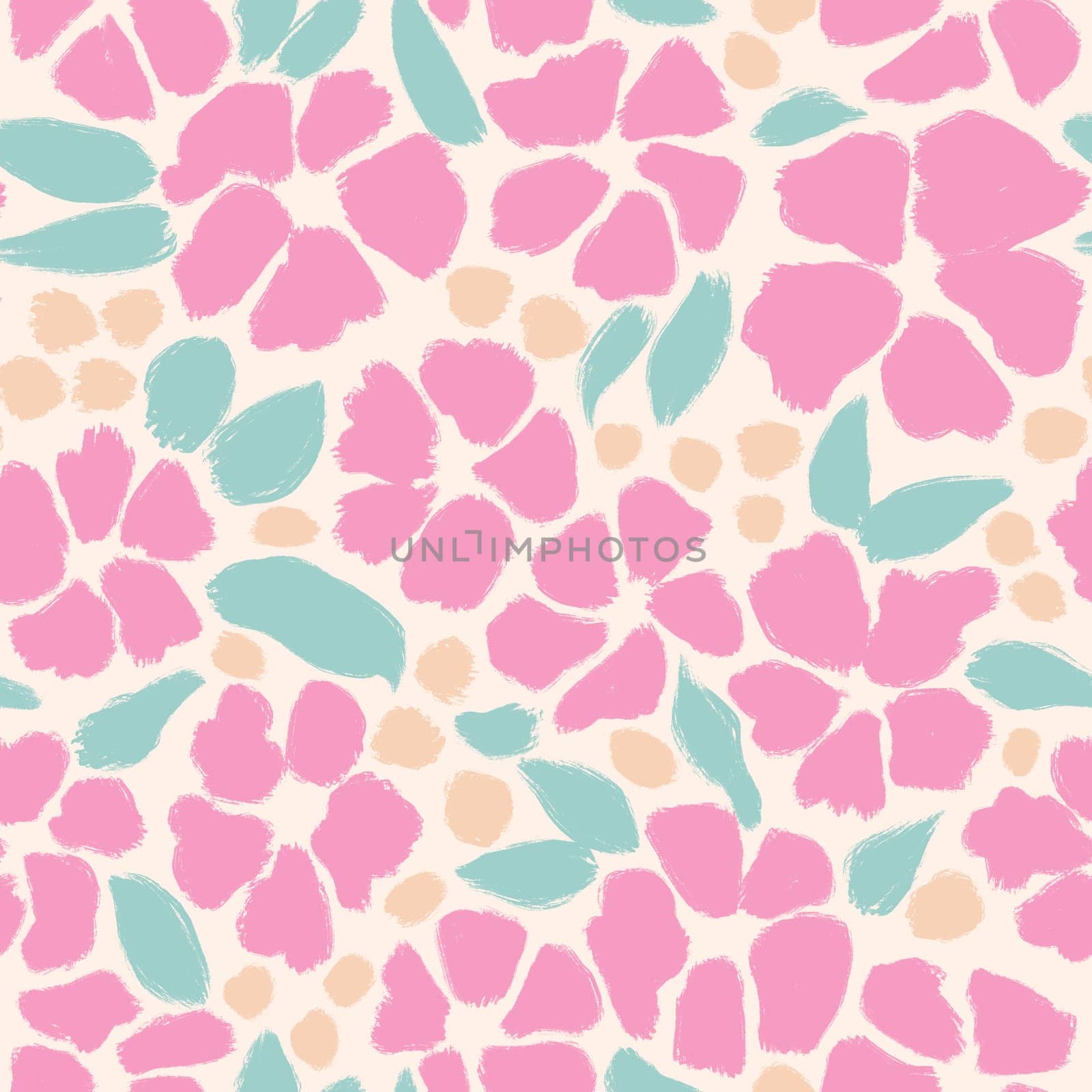 Hand drawn seamless pattern with pink green shabby chic flower floral elements lines dots leaves. Soft calm ditsy summer spring botanical nature print, bloom blossom stylized petals