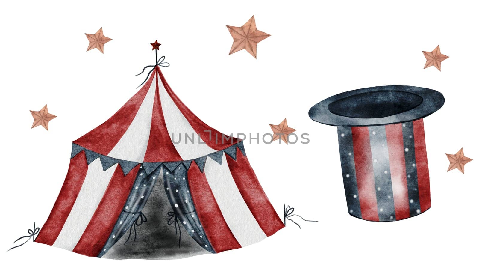 Circus cute set watercolor. Hand drawn circus tent and magician hat on isolated white background. Clip art of magic attributes. Ideal for posters in children's rooms and baby shower decorations