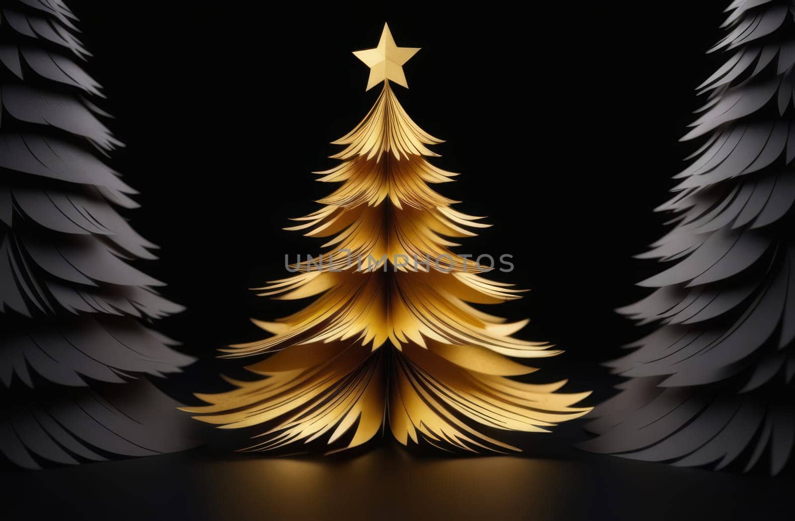Golden cut out Christmas tree on a black background