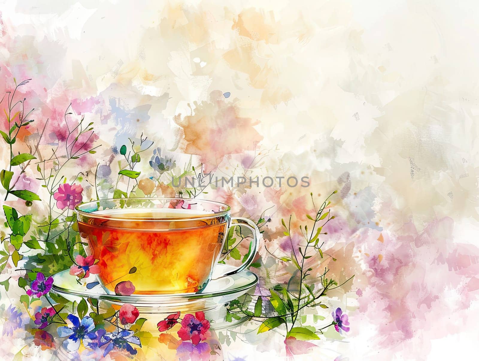 A vibrant cup of tea rests on a saucer amidst a lively arrangement of colorful flowers, capturing the serene beauty of nature in a garden.