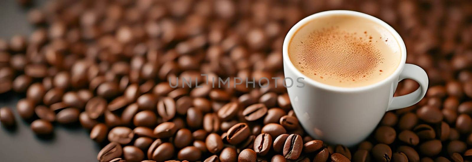 Top view of a cup of coffee standing among coffee beans. Banner.
