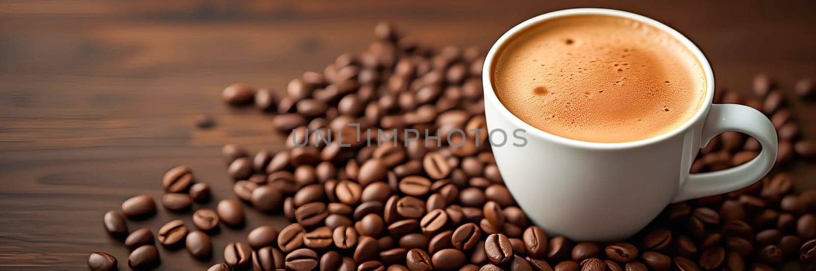 Top view of a cup of coffee standing among coffee beans. Banner.