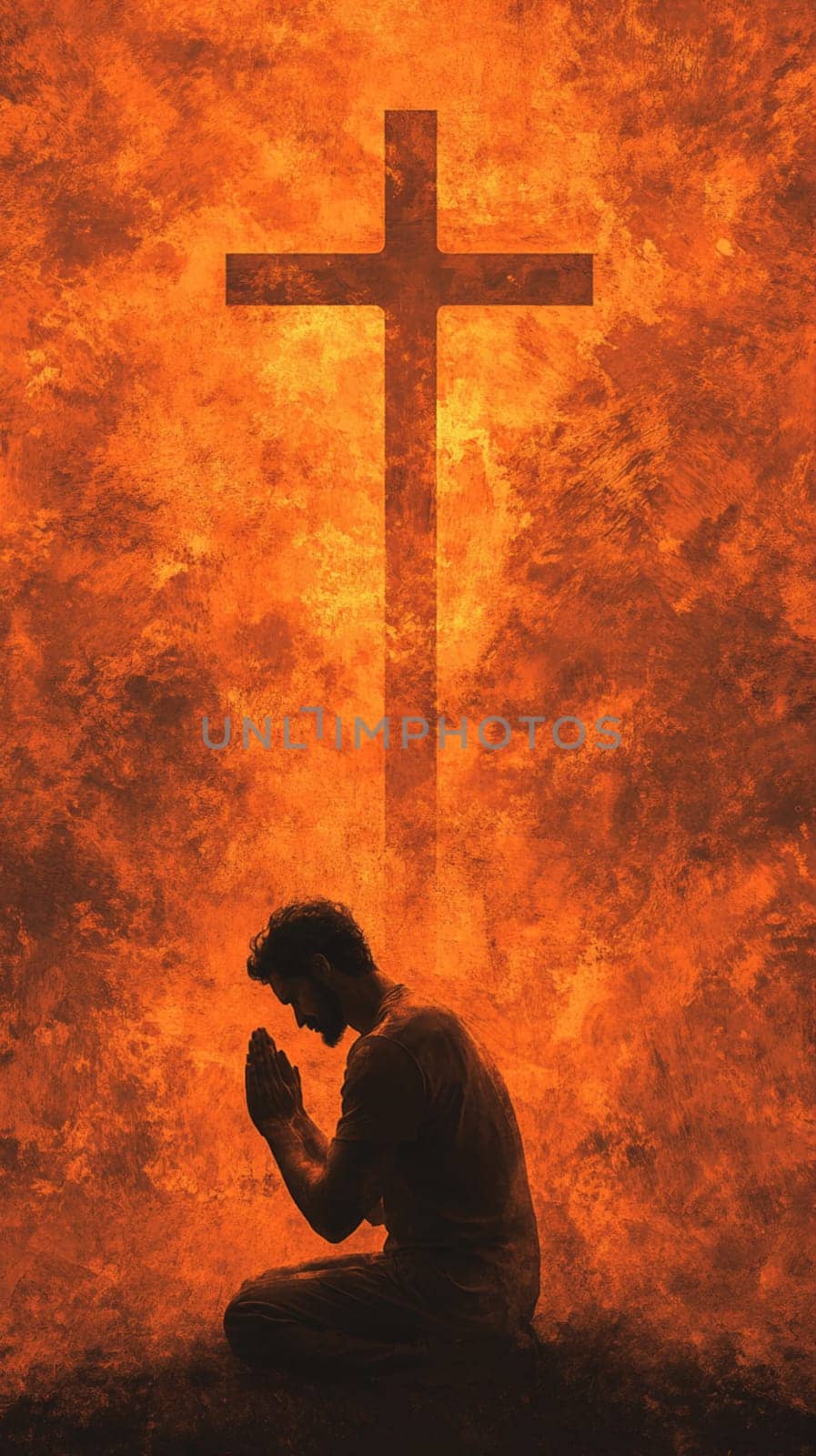Man praying before a cross on an orange grunge background, creating a dramatic scene evoking faith and devotion. Perfect for christian themes