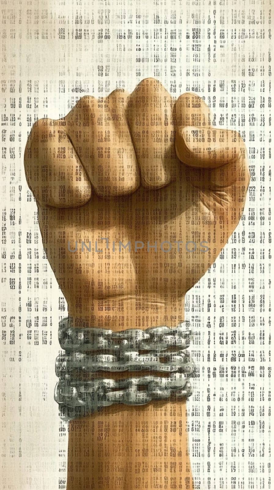 Powerful fist, adorned with intricate patterns, is breaking free from heavy chains, symbolizing the struggle for freedom and equality