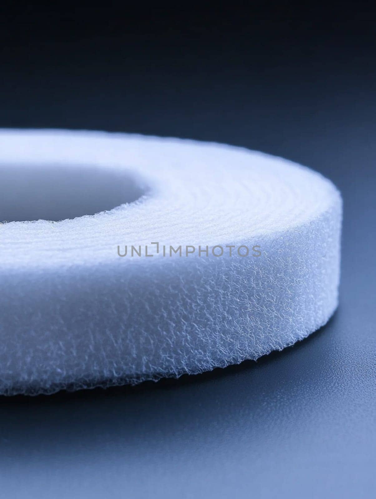 Close-up of a roll of white foam tape on a dark background, showcasing its texture and circular shape.