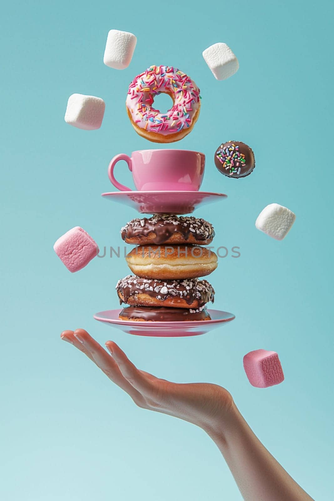 Hand holding a cup and saucer with floating donuts and marshmallows above it on a blue background. This whimsical image is perfect for advertising or social media