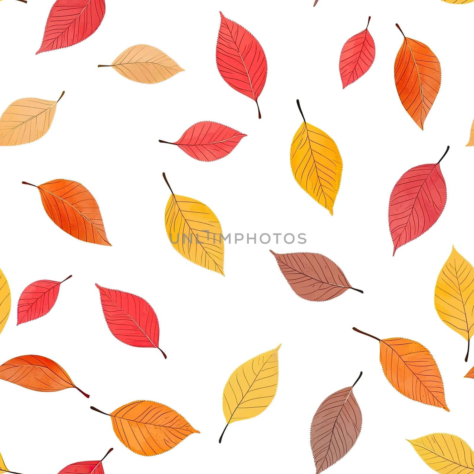 A collection of autumn leaves in shades of red, orange, and yellow are randomly scattered across a clean white background, capturing the essence of fall.
