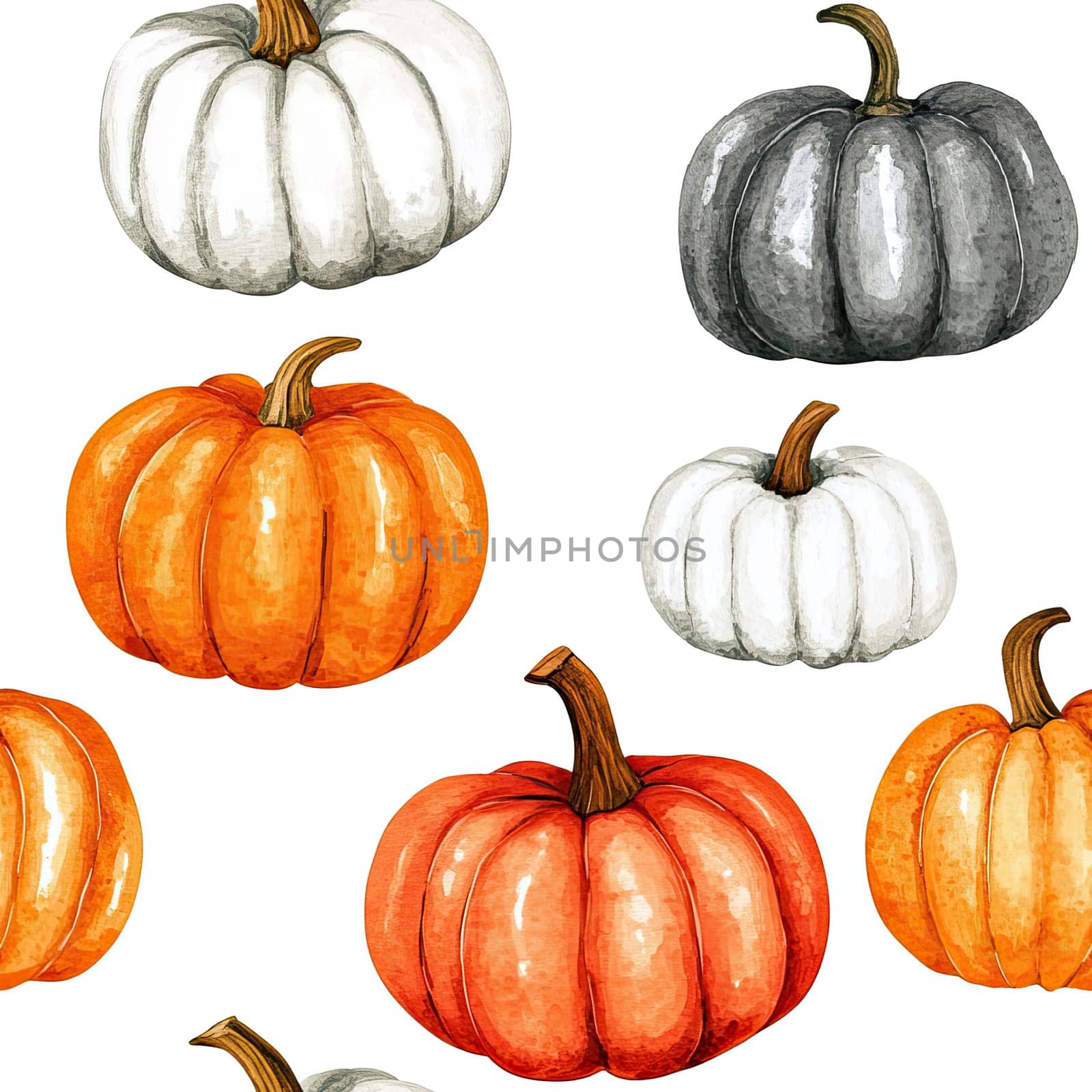 A vibrant collection of pumpkins in orange, white, and gray rests against a clean background, ideal for fall decorations or seasonal crafts.