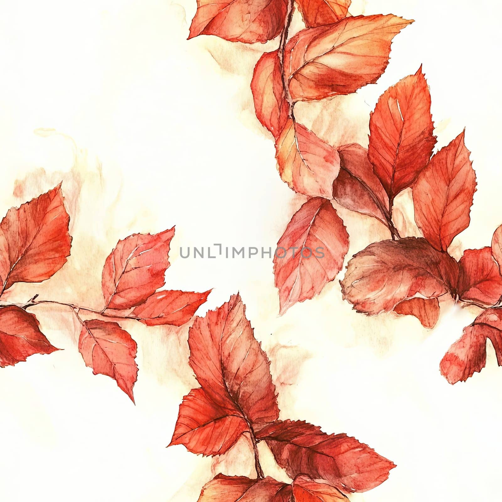 Autumn leaves in rich hues of red and orange are delicately arranged on a light background, capturing the essence of the fall season in a tranquil manner.
