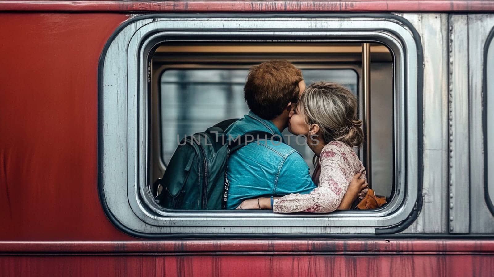 Young couple kisses on a train, framing their love in a window. Starting a romantic journey full of memories and connection