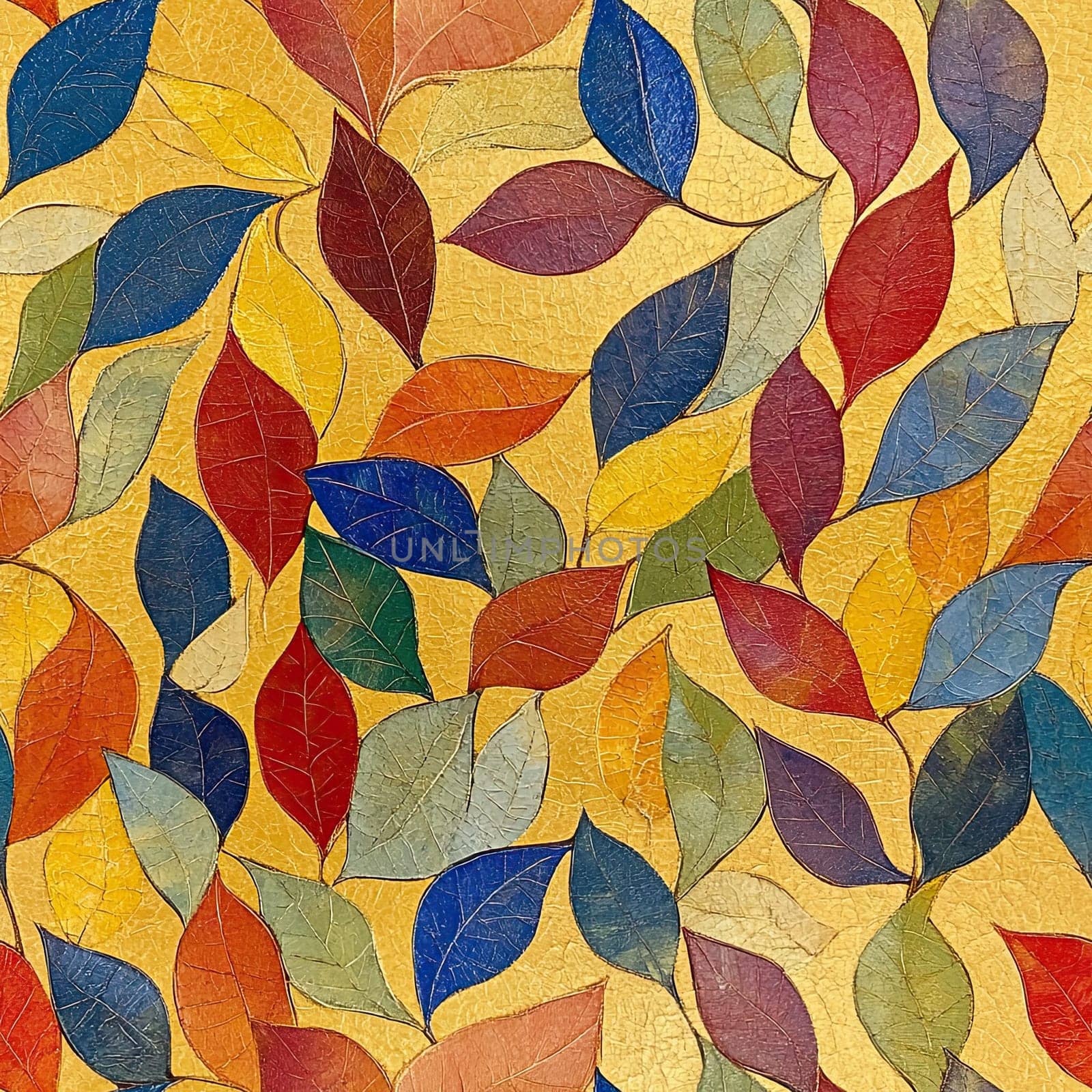 A variety of autumn leaves cover the ground, displaying a beautiful mix of orange, yellow, and red hues. The rich colors highlight the beauty of the fall season.