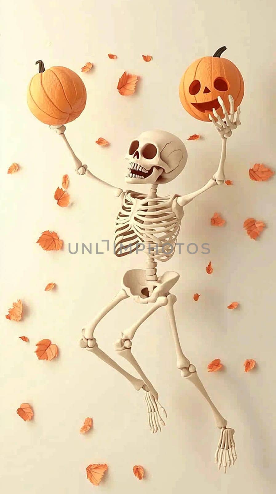 3d rendering of a human skeleton jumping for joy while holding pumpkins in the air as autumn leaves fall to the ground
