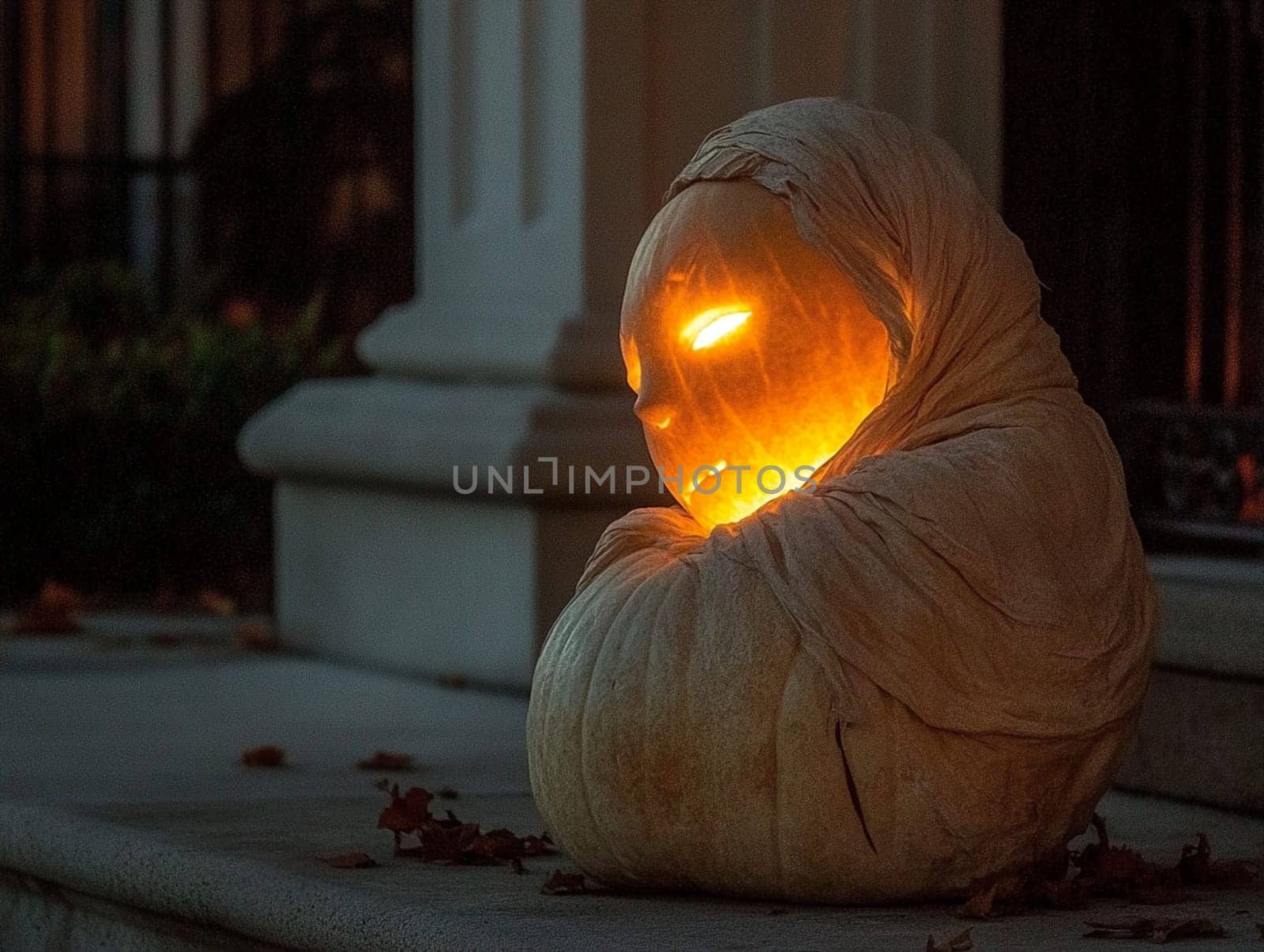 Carved pumpkin with a spooky face illuminated from within by a candle, wrapped in gauze to resemble a mummy, sits on a porch
