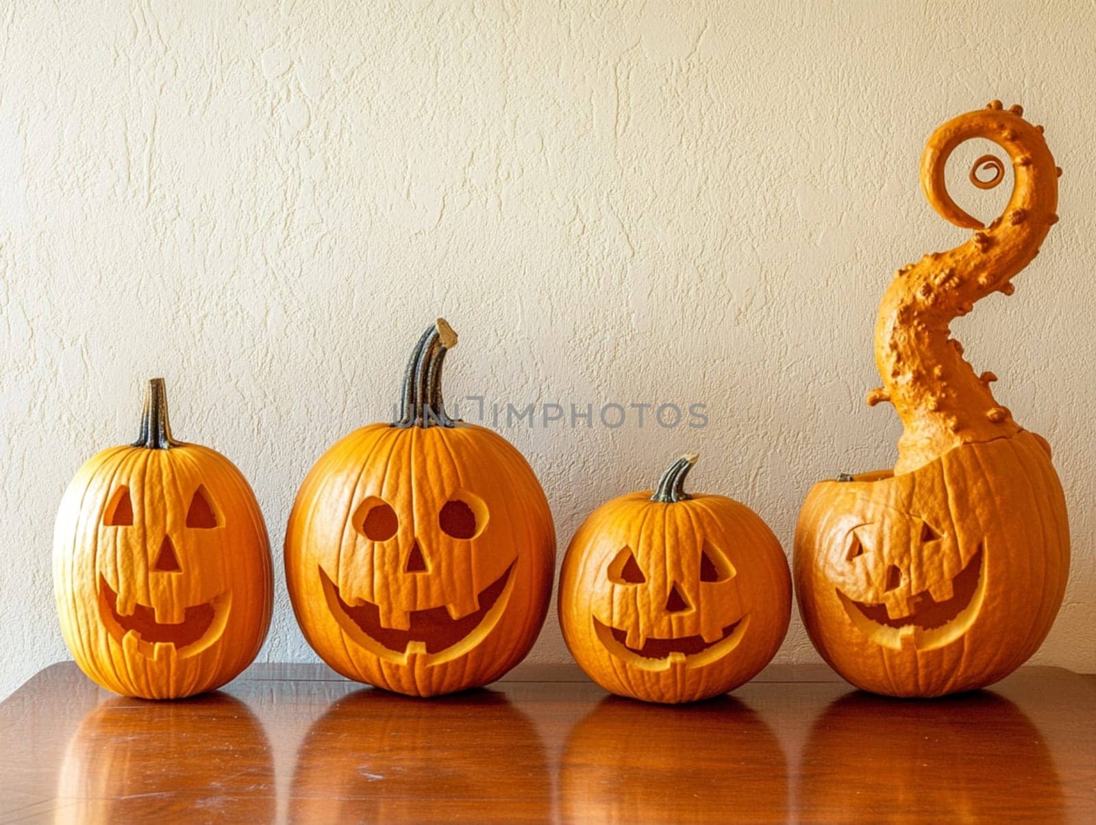 Four carved pumpkins are sitting on a table, showing off their spooky halloween faces
