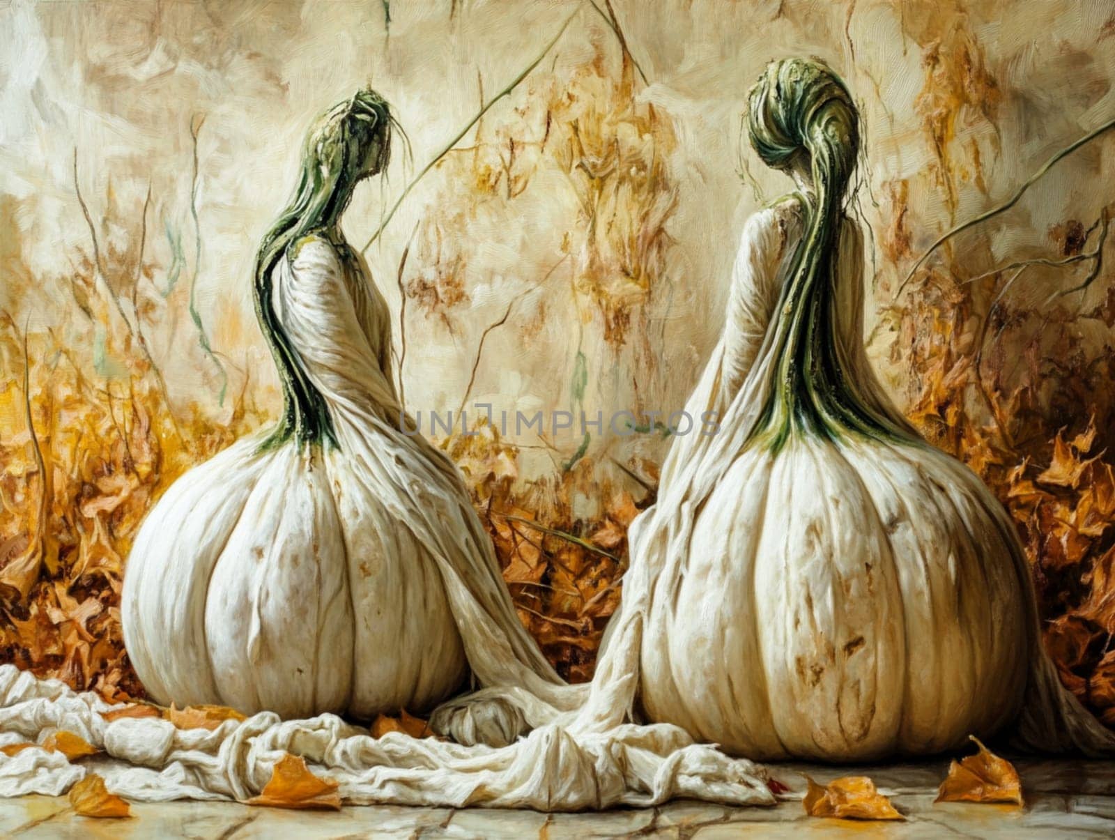 Two strange pumpkin creatures with long green hair sitting on a bed of autumn leaves