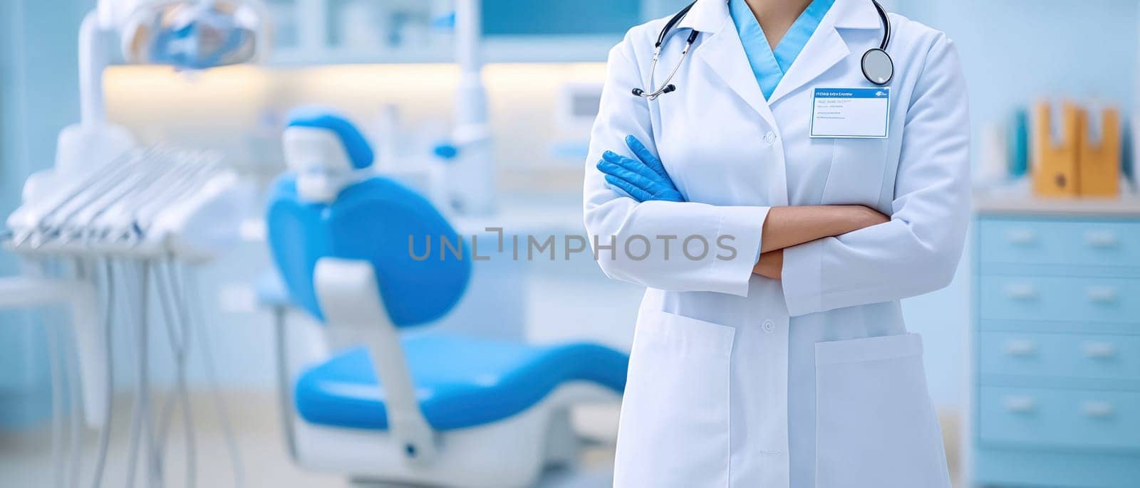 doctor in white coat stands confidently in modern dental clinic.