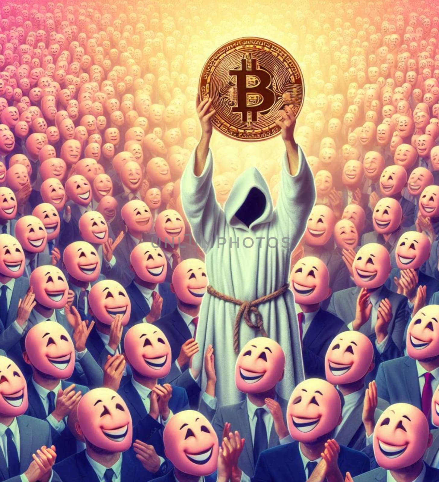 A man in a mask holding a Bitcoin coin. The man is surrounded by other people in masks