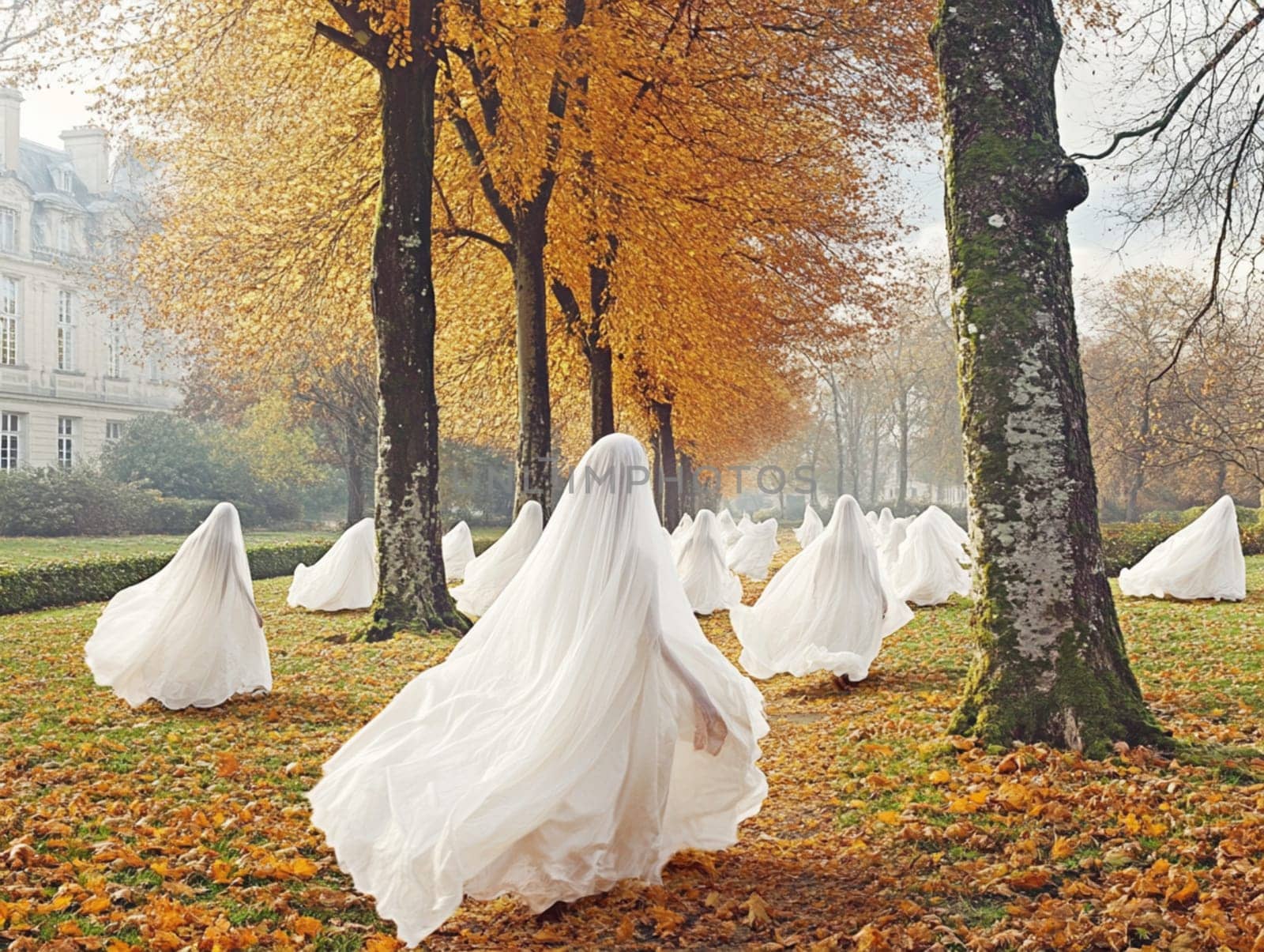 Many people wearing ghost costumes walking in a park during an autumnal sunny day
