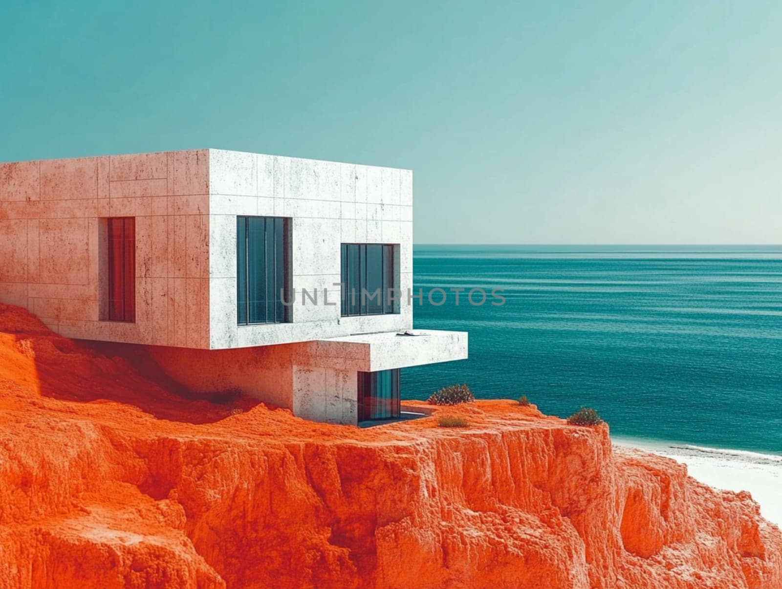 Modern minimalist white concrete house with clean lines is perched on a red cliff overlooking a serene blue ocean, offering breathtaking views and a sense of tranquility