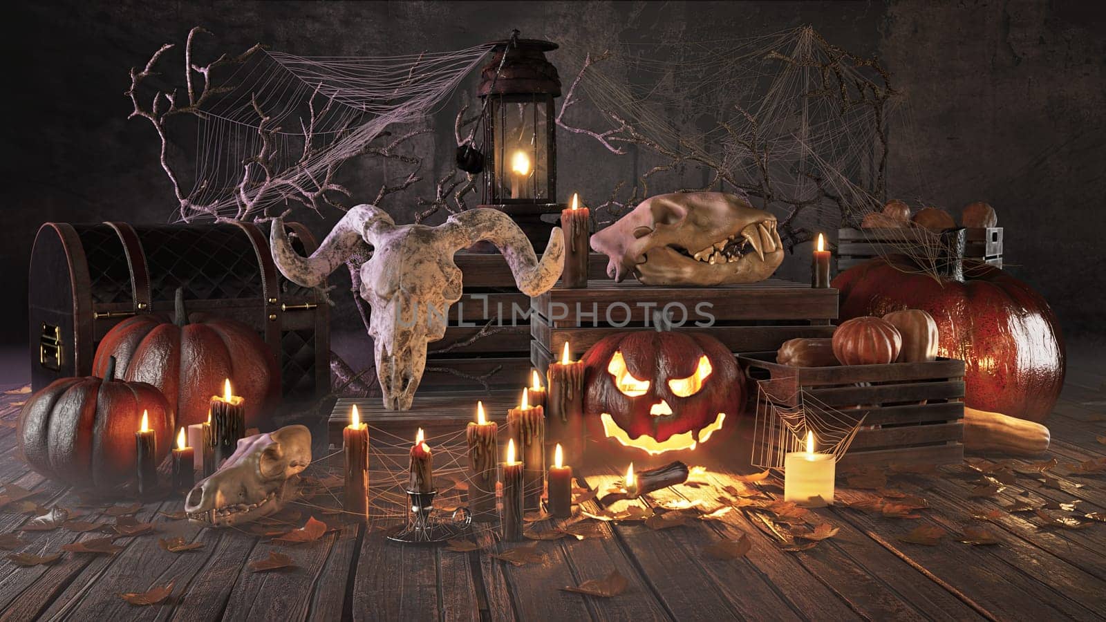 Spooky Halloween scene with skulls, pumpkins, and candles. 3D