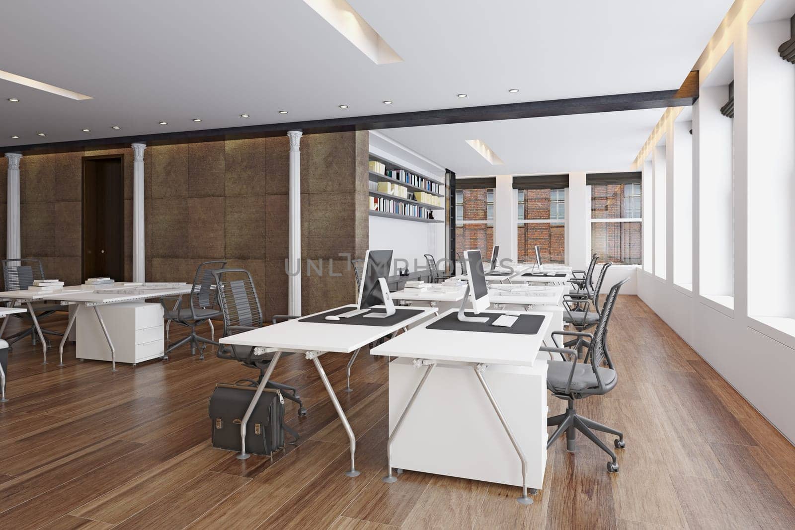 Interior of modern open space office. 3d rendering mock up