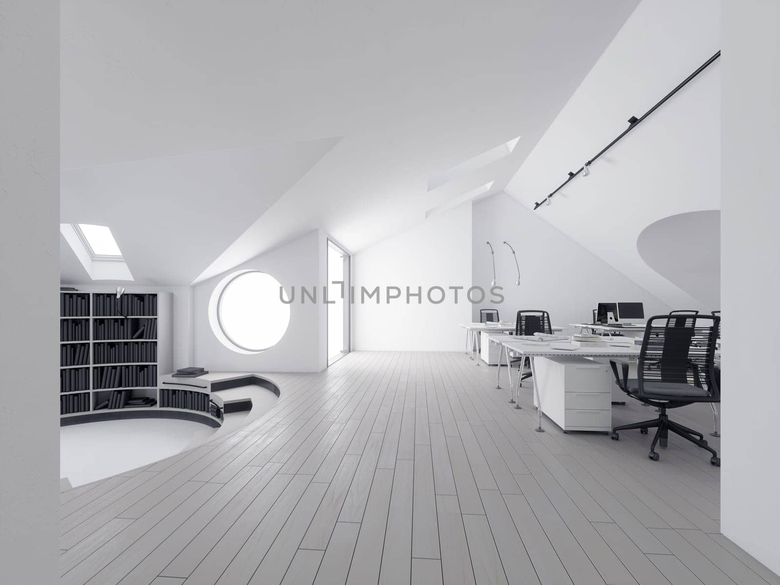 Minimalist office with ergonomic chairs and clean white design. 3d render