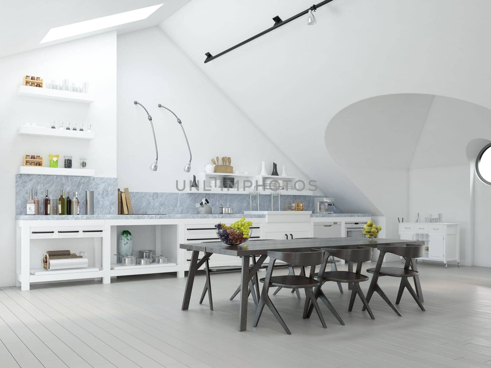 Minimalist white kitchen with sleek design and natural light. 3d render