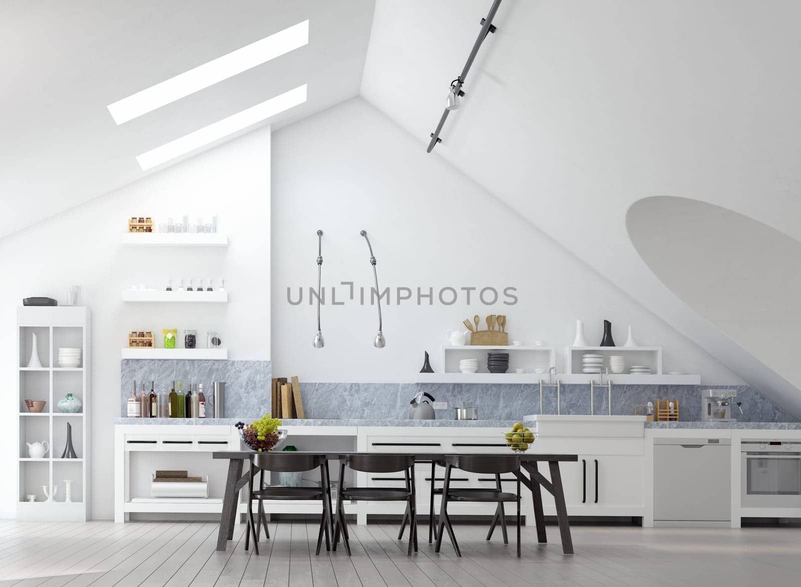 Minimalist white kitchen with sleek design and natural light. 3d render