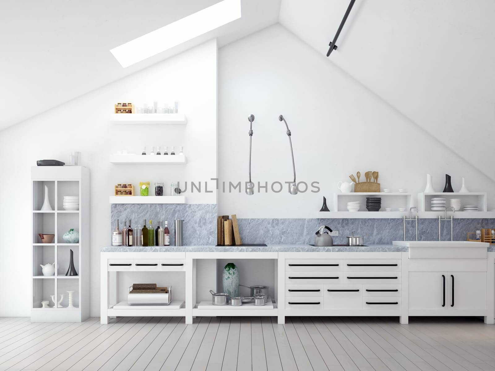 Minimalist white kitchen with sleek design and natural light. 3d render