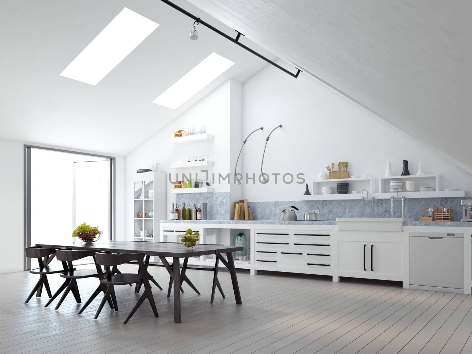 Minimalist white kitchen with sleek design and natural light. 3d render