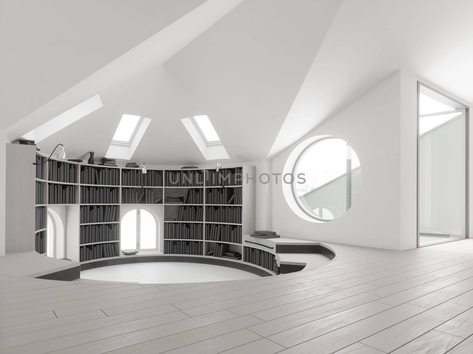 Interior of modern library with white walls, concrete floor and bookshelves. 3d rendering