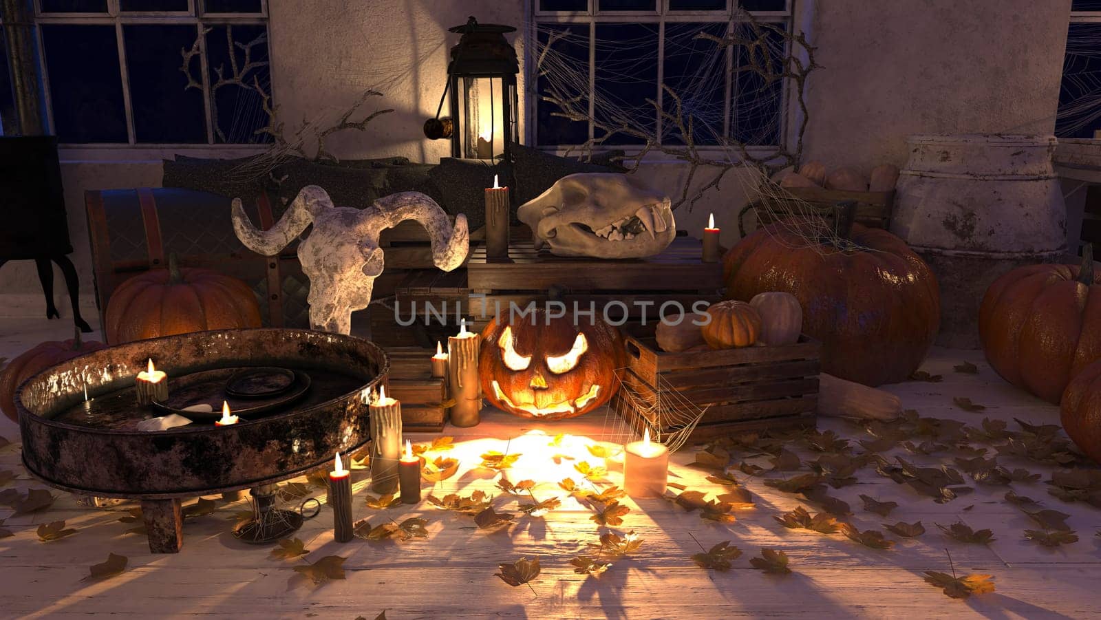 Spooky Halloween scene with skulls, pumpkins, and candles. 3D