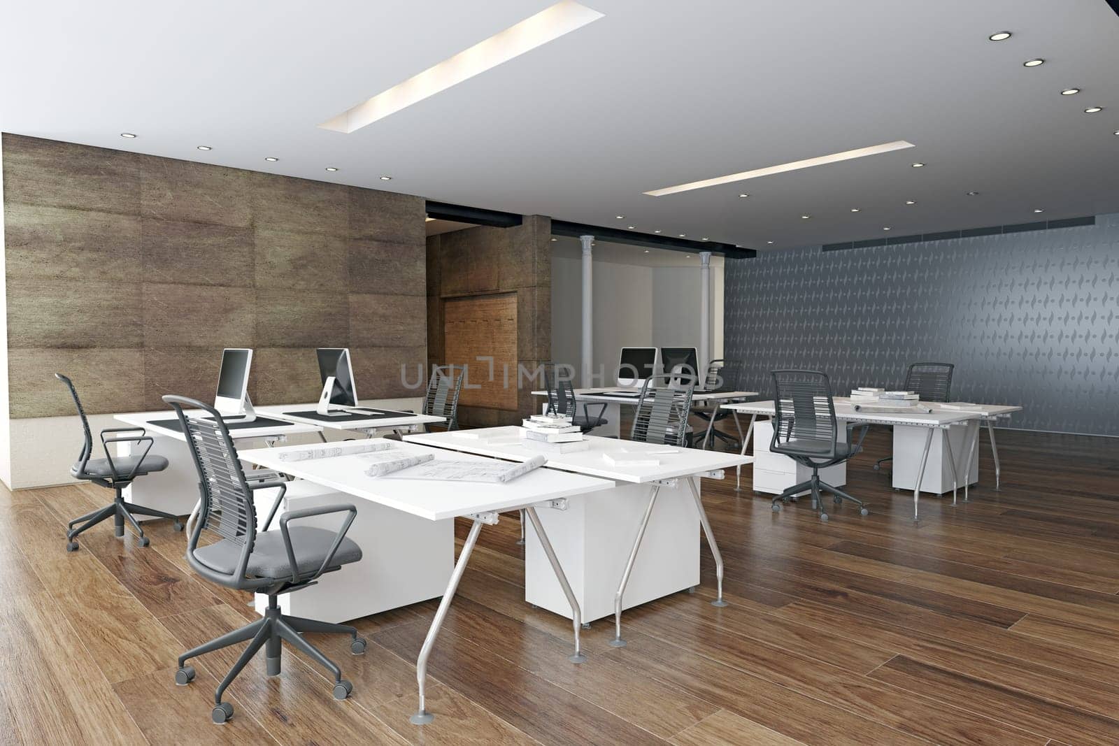 Interior of modern open space office. 3d rendering mock up
