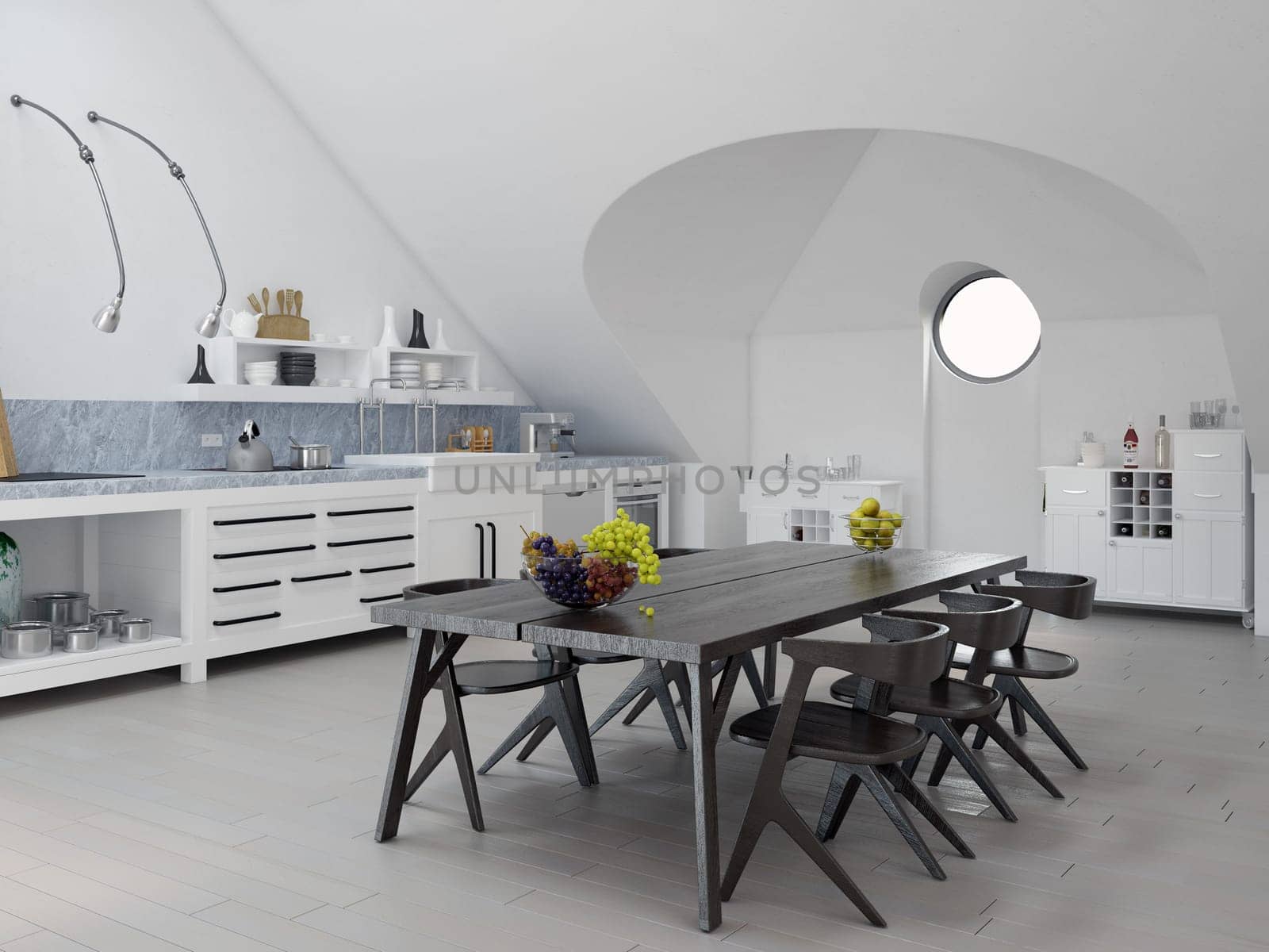 Minimalist white kitchen with sleek design and natural light. 3d render