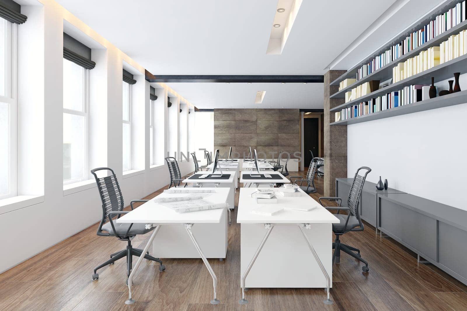 Interior of modern open space office. 3d rendering mock up